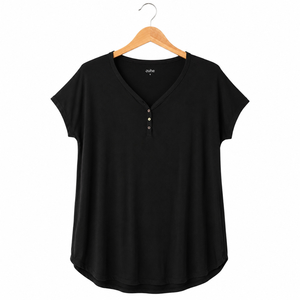 Quince Top Henley Womens Size Small Black Curved Hem Minimalist Casual Classic